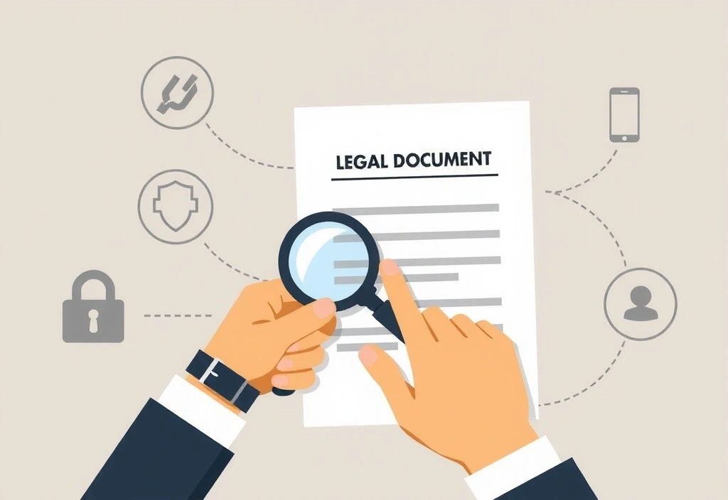 Ilustración de una persona leyendo un documento legal con lupa