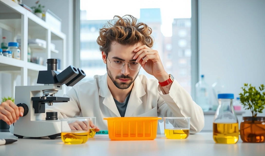 Científico en un laboratorio examinando extractos de plantas bajo un microscopio, con tubos de ensayo y equipos de laboratorio modernos