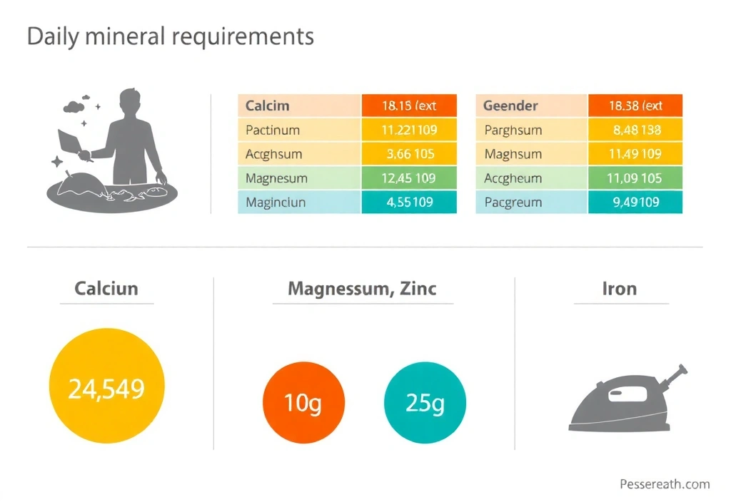 Representación gráfica de las necesidades diarias de minerales para diferentes grupos de edad y géneros, con colores claros y un diseño informativo.