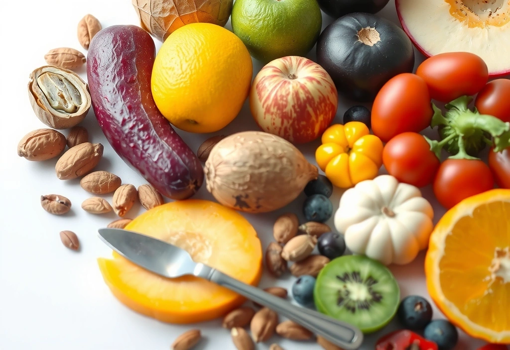 Una colorida variedad de alimentos frescos y saludables como frutas, verduras, nueces y legumbres, dispuestos de forma atractiva para mostrar fuentes naturales de minerales.