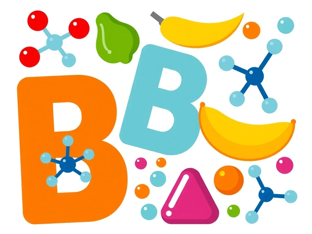 Ilustración vibrante de varias vitaminas B y sus estructuras moleculares, simbolizando energía y salud.