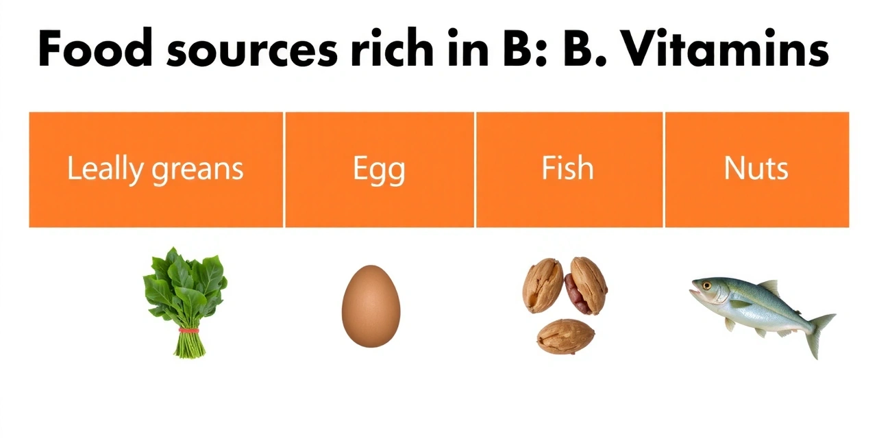 Tabla nutricional abstracta mostrando las fuentes alimenticias ricas en vitaminas B, con iconos de alimentos.