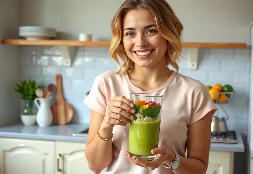 Woman drinking a healthy smoothie with fruits and vegetables