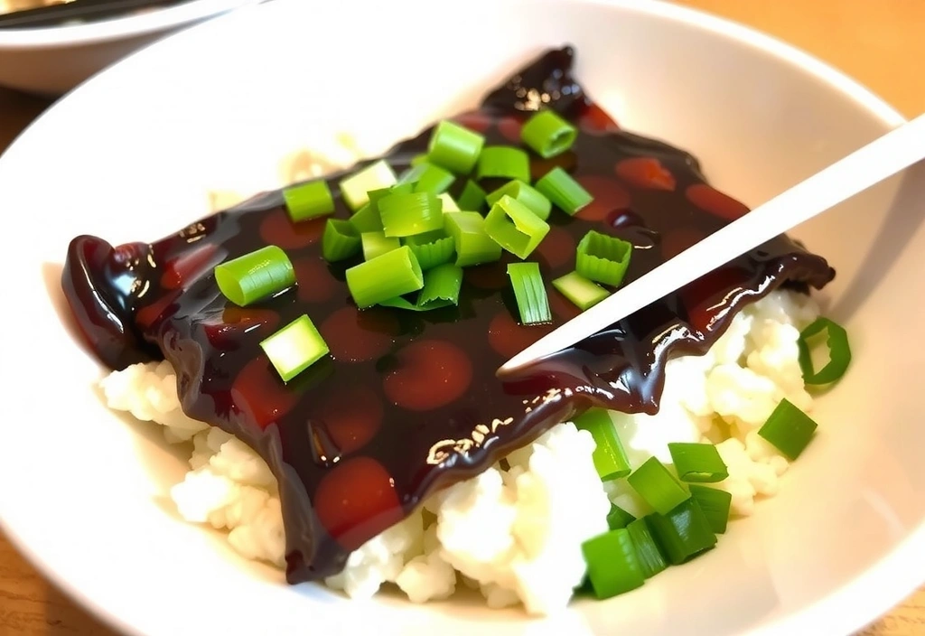 Plato de natto fermentado con arroz y cebollín