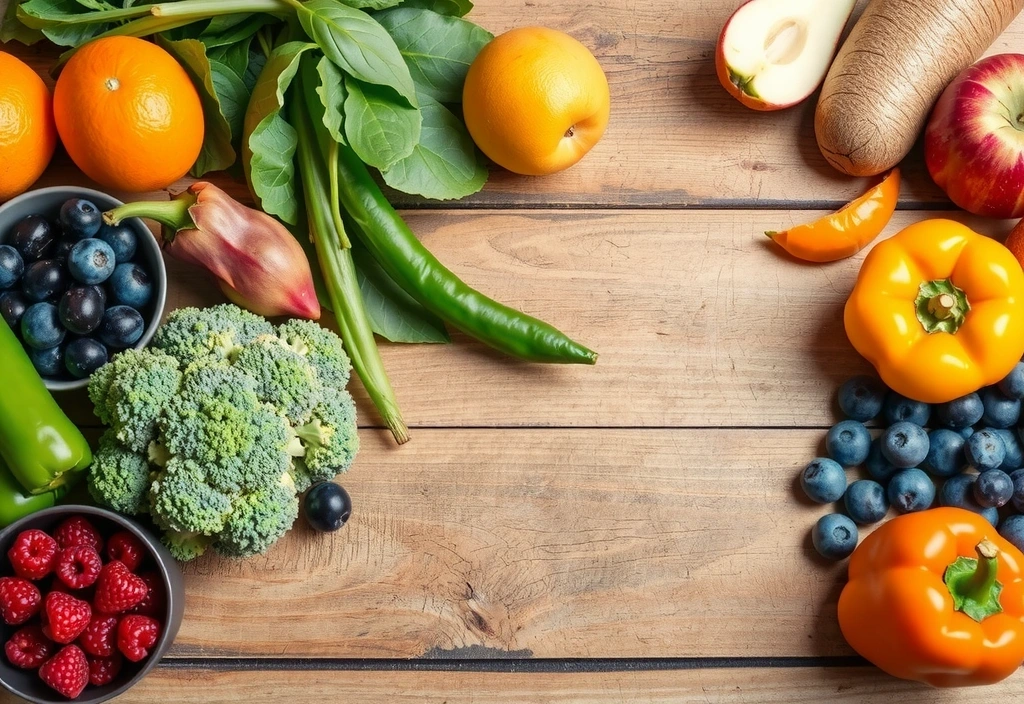 Variedad de frutas y verduras frescas, vibrantes y coloridas, dispuestas artísticamente sobre una mesa de madera. Incluyen naranjas, manzanas, espinacas, brócoli, pimientos y bayas, simbolizando una dieta rica en vitaminas naturales.